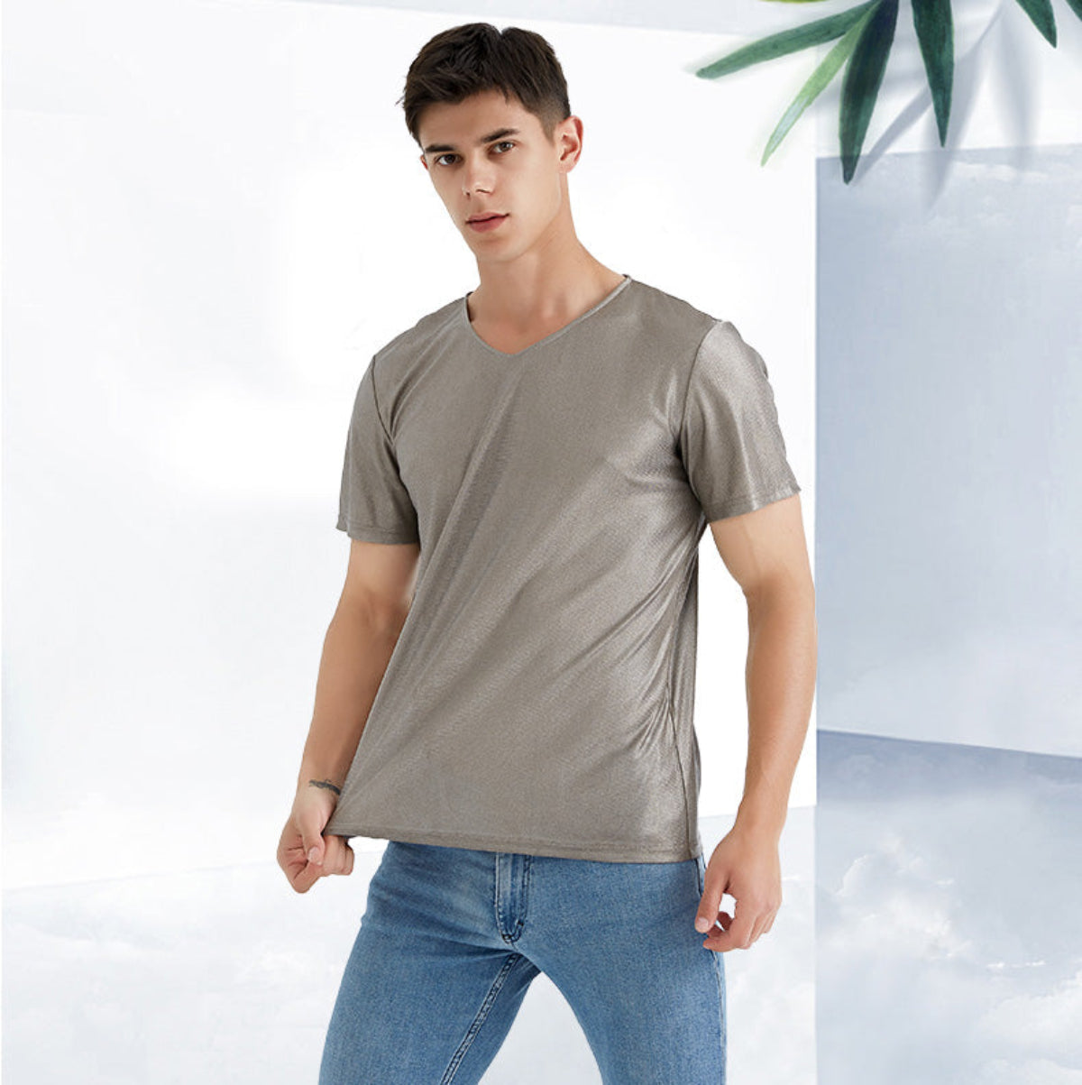 Men's V-Neck Electromagnetic Radiation Protection T-Shirt — 100% Silver Fiber, EMF/RF Shielding, Short Sleeve