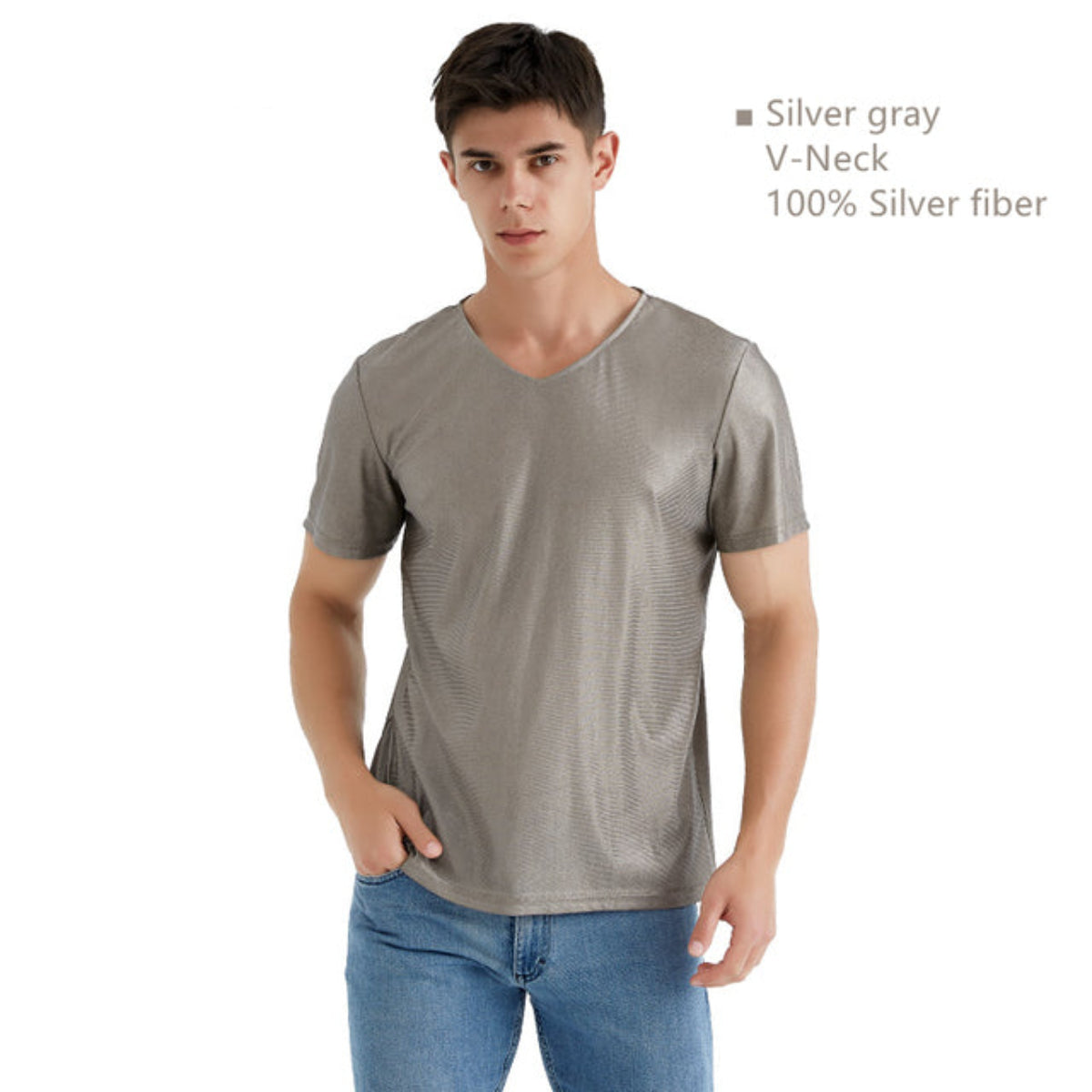 Men's V-Neck Electromagnetic Radiation Protection T-Shirt — 100% Silver Fiber, EMF/RF Shielding, Short Sleeve