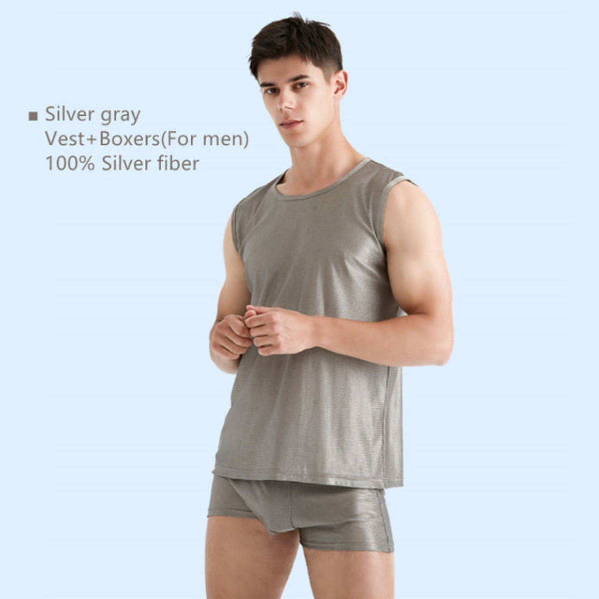 Men's Silver Fiber EMF Shielding Clothing — Sleeveless Vest, Boxers, or Set (100% Silver Fiber)