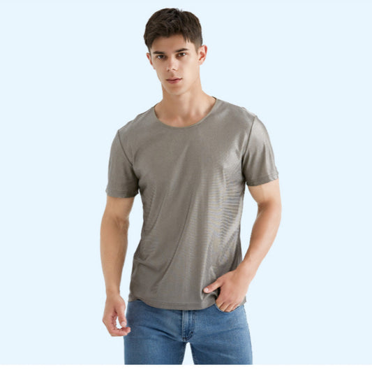Men's Crew Neck Anti-EMF Shielding Shirt — 100% Silver Fiber, RF Radiation Blocking, Short Sleeve