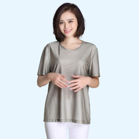 Women's Crew Neck EMF Shielding T-Shirt — 100% Silver Fiber, RF Radiation Protection, Short Sleeve